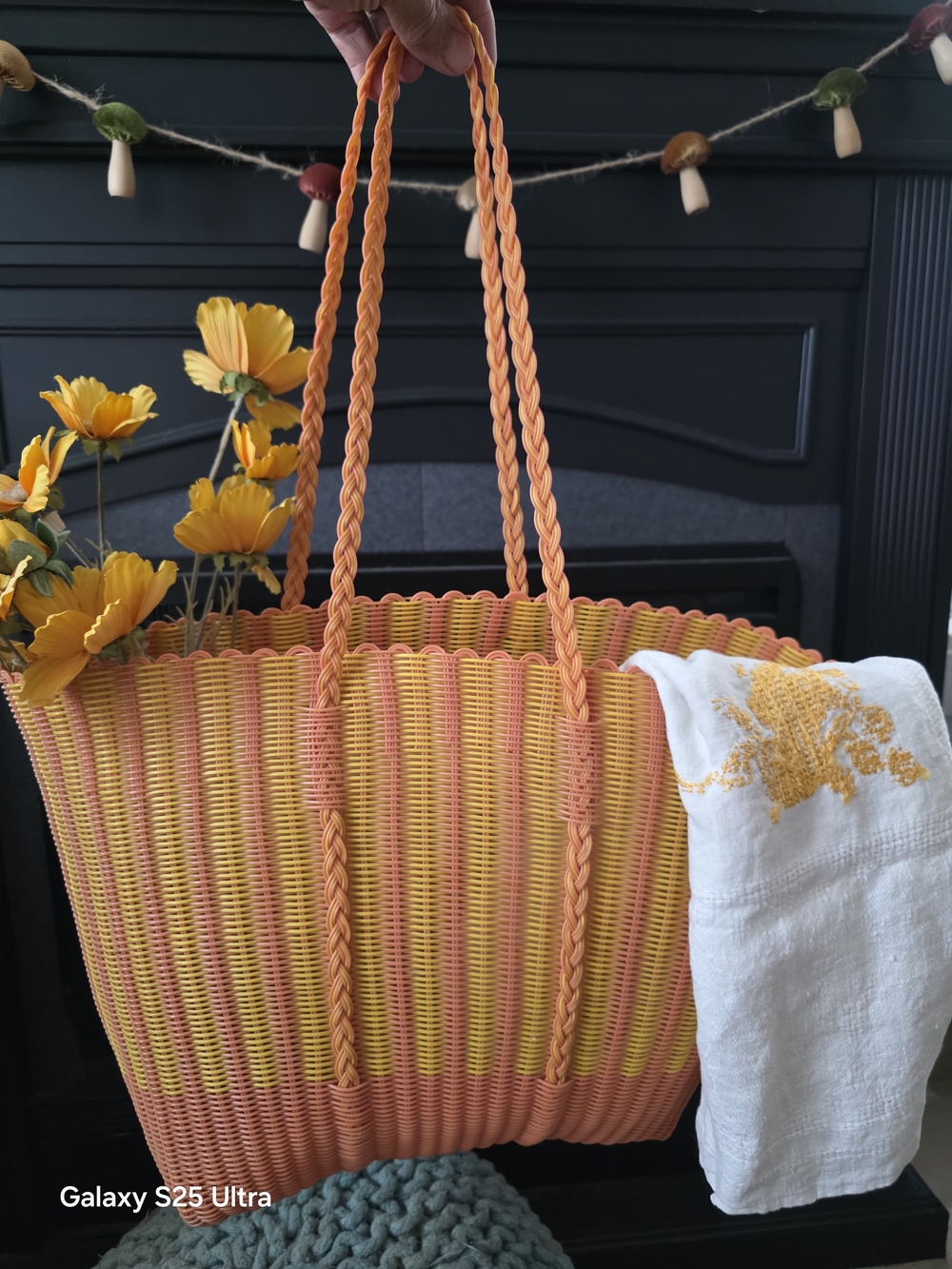 Woven Ombre Straw Tote - Yellow & Coral Flowers And Napkin Not Includee